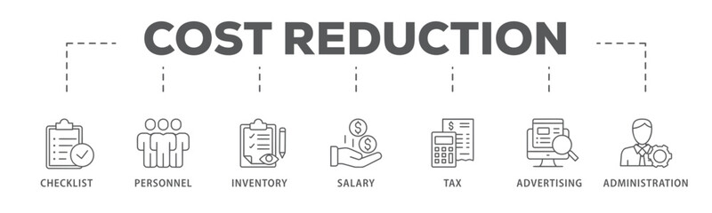 Cost reduction banner web icon vector illustration concept with icon of checklist, personnel, inventory, salary, tax, advertising and administration
