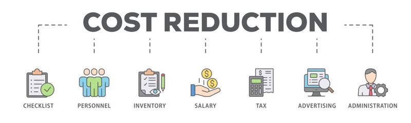 Cost reduction banner web icon vector illustration concept with icon of checklist, personnel, inventory, salary, tax, advertising and administration
