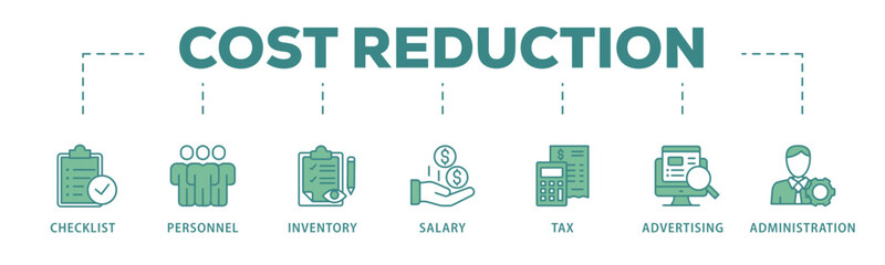 Cost reduction banner web icon vector illustration concept with icon of checklist, personnel, inventory, salary, tax, advertising and administration
