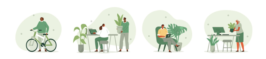 Business people concept illustration set. Characters have environment friendly workplace at a green sustainable office. Women and men grow plants in office space. Vector illustration.
- 601401585