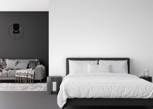 Wallpaper presentation mock up. Bedroom furniture and home accessories on transparent background. Copy space for wallpaper, wall panels, photo wallpaper, print or paint. Interior wall mockup. 3D.