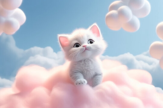 Lindo gatito blanco entre nubes de algodon rosas y blancas.Ilustracion de IA generativa