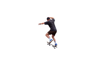 Fototapeta na wymiar Homme faisant un saut en skateboard, il est en short avec une casquette. 