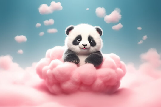 Lindo oso panda  de peluche durmiendo en una nube rosa sobre fondo de cielo azul. Illustracion de IA generativa de IA generativa
