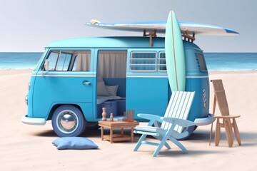  Blue van with deck chair and beach accessory , ai generative