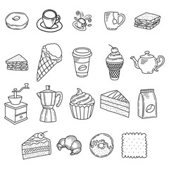 Set of hand drawn coffee doodles, drinks, desserts, beans and other related objects.