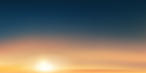Fototapeta premium Sunset Sky with cloud in Blue,Orange,Yellow colour in Evening,Dramatic twilight landscape dusk sky in Golden hour,Vector horizon Sunrise in Morning banner of Sunlight for four season background