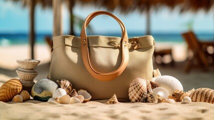 Summer holidays vacations still life illustration concept. A bag in the sand at the beach with sea shells. Generative AI.