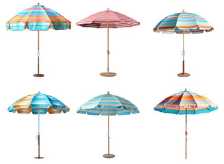 A collection of six colorful beach umbrellas on a transparent background, Generative AI