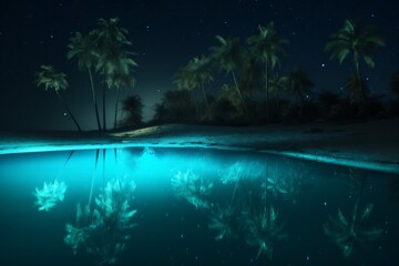 Fototapeta na wymiar beach vacation blue tropical ocean tree luminous night paradise sky palm. Generative AI.