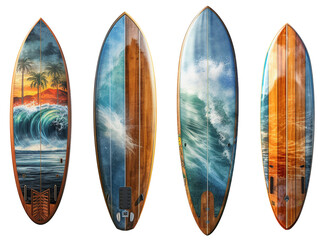 Four surfboards, on a transparent background, Generative AI - obrazy, fototapety, plakaty