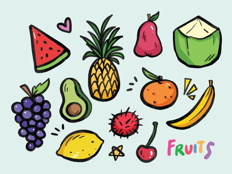 Textured and outlined various fruits vector illustration set collection isolated on horizontal background. Full colored healthy food drawing with simple and flat colors.