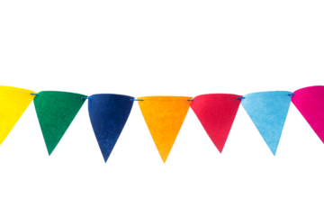 Various colors flags hanging on a rope isolated on on white background included clipping path.