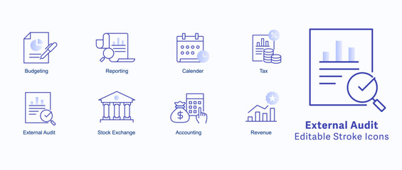 External Audit Vector Icons. Audit report vector icons,
Compliance audit vector icons. Financial audit vector icons. Audit checklist vector icons. Assurance icons.
Audit symbol icons. Editable Stroke.