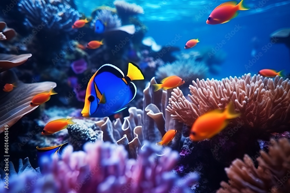 Poster tropical sea underwater fishes on coral reef. aquarium oceanarium wildlife colorful marine panorama  - Posters