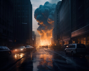 Fototapeta na wymiar Huge explosion in the end of the city street at dusk. Catastrophe or terroristic attack in the modern metropolis. Generative AI.