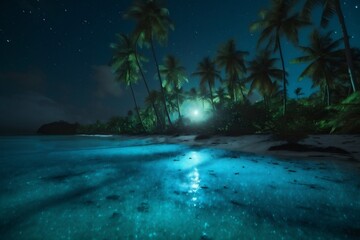 Fototapeta na wymiar vacation ocean tree sky tropical luminous palm paradise blue night beach. Generative AI.