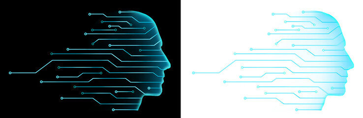 head blue circuit Artificial intelligence (AI) concept. Silhouette of human head with circuit board on transparent background