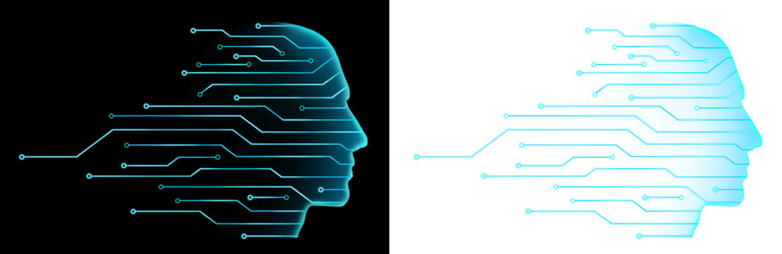 head blue circuit Artificial intelligence (AI) concept. Silhouette of human head with circuit board on transparent background