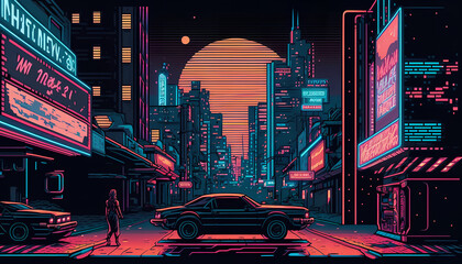 Retro style neon poster showing a car in the rain in front of a neon sign
