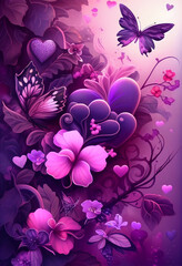 Painted spring background in purple-pink flowers with butterflies and hearts. AI Generated