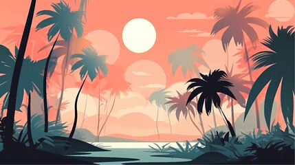 Tropical beach with palm trees, sunrise and sunset sky. Romantic background.
