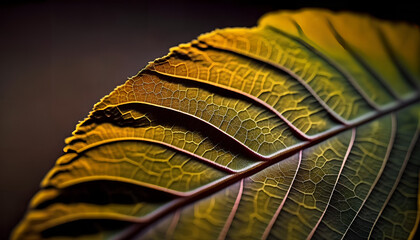 A leaf that has a green leaf with gold highlights.
