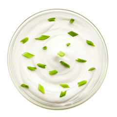 sour cream with onion in bowl, isolated on white background, full depth of field