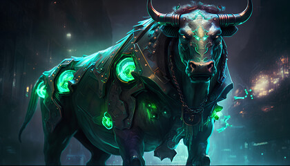 A bull with green lights and a green background
