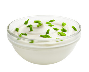 sour cream with onion in bowl, isolated on white background, full depth of field