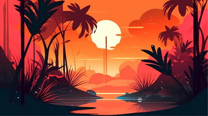 Tropical beach with palm trees, sunrise and sunset sky. Romantic background. - obrazy, fototapety, plakaty