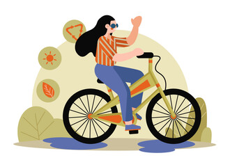 Fototapeta na wymiar Smiling girl rides bicycle. Female character uses eco transport