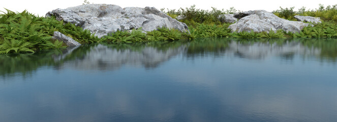 Realistic riverbank with vegetation. 3d rendering of isolated objects.