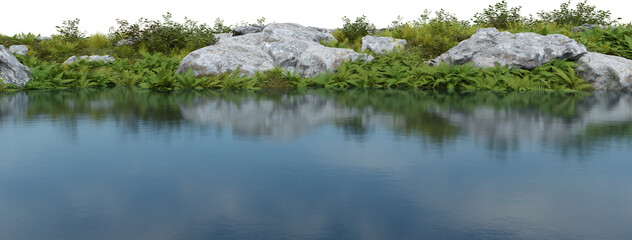 Realistic riverbank with vegetation. 3d rendering of isolated objects.