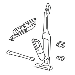 Upright vacuum cleaner line icon vector illustration. Nozzle Set with Suction Brushes