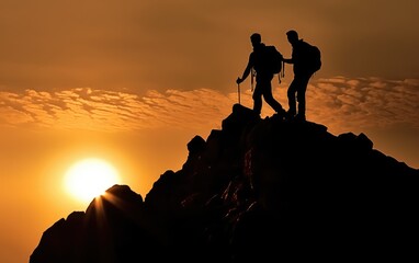 Help and assistance concept. Silhouettes of two people climbing on mountain and helping. Generative AI.