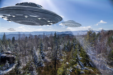 UFO, space saucer flying over the snowy forest. Landscape with invasion by extraterrestrial space...