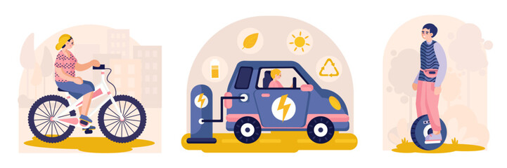 Fototapeta premium Set of vector illustrations about eco transport. Recharging with solar energy, saving environment