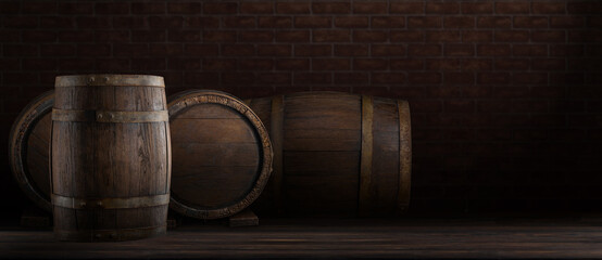 Rustic barrels for beverage in a dark wine cellar. Wooden empty surfaces for copy space, mockup, template for design of beer, wine, alcohol products, Vintage retro style background