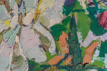 Abstract background closeup of a painting with brushstrokes. Rough art paint smear. Large multicolor spots of brush strokes and palette knife on the canvas