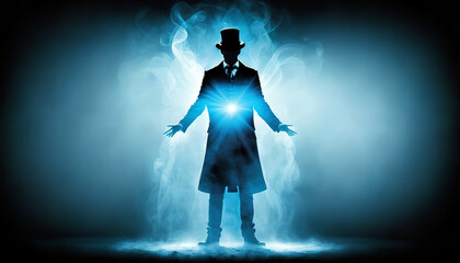 A man in a top hat holds a magic wand in his hands.
