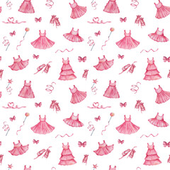 Watercolor seamless pattern. Hand painted illustration of pink dress, sleevless t-shirt, flared skirt, ballerina's toe shoes. Woman's clothes. Girl's wardrobe. Print on white background for textile © Olga Sidelnikova