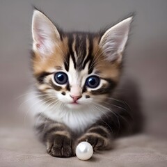 Fluffy cute kitten with a large pearl in the foreground. Gray-white kitten, with black stripes and with a pearl in its paws, close-up.