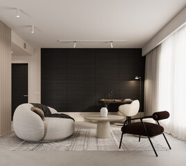 Modern contemporary living room interior design with empty wooden wall background. 3D Rendering, 3D Illustration © hd3dsh