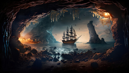 Cave with a Ship in the Water
