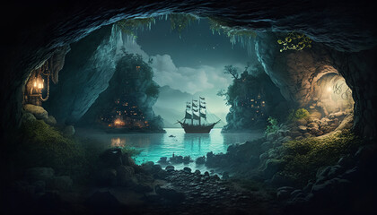 Cave with a Ship in the Water
