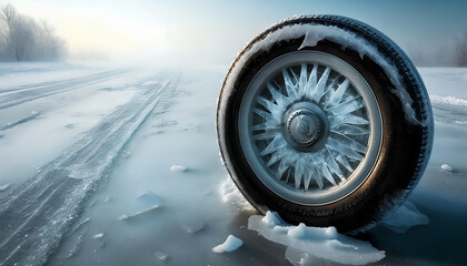 frozen tire in winter weather in the middle of the road