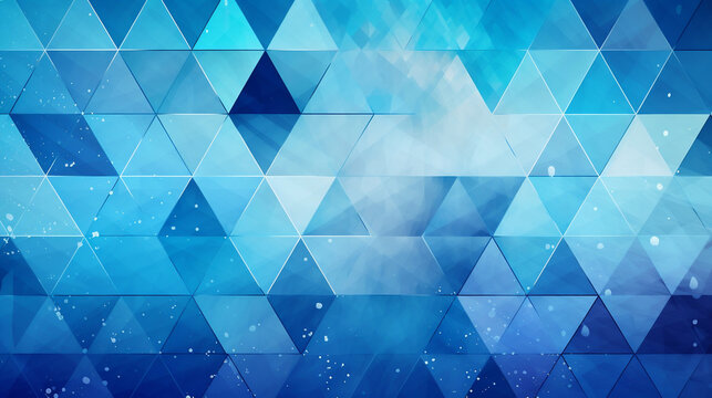 Modern abstract blue background design with layers of textured white transparent material in triangle diamond and squares shapes in random geometric pattern. Generative ai