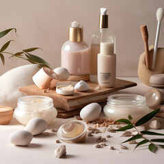 Obraz na płótnie Canvas Beautiful spa composition on beige background. Natural skincare cosmetic products. AI generated