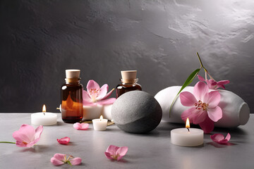 Beautiful spa composition on gray background. Natural skincare cosmetic products. AI generated
